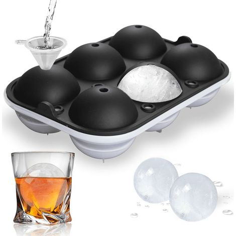 Kugelförmige Eiswürfelform, 6,35 cm (2,5 Zoll), runde Silikon-Eiswürfelform mit Deckel und Trichter für Whisky, Cocktails und Bourbon, leicht zu entnehmen, schwarz (1/5)