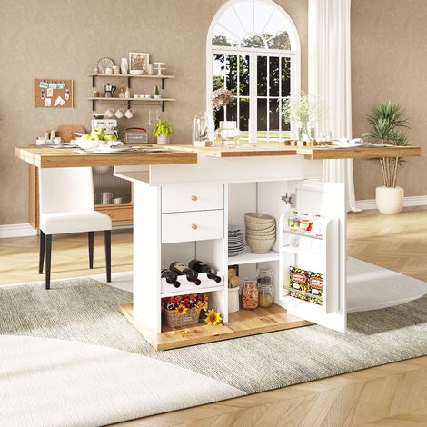 Mesa de comedor extensible (110-140x80x75 cm), con almacenamiento, estantes para aperitivos y vino, MDF, blanco y natural (1/5)