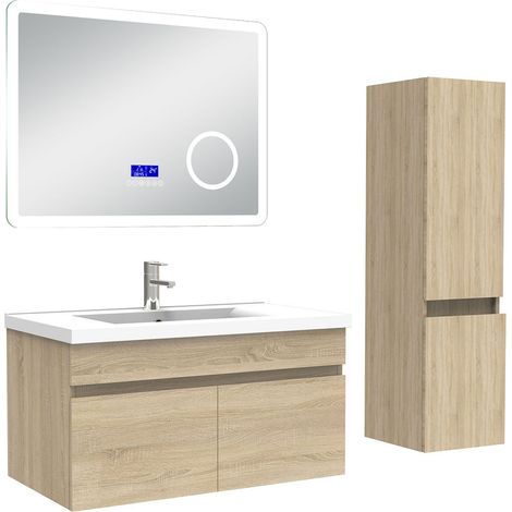 Ocean Ensemble meuble 80 cm, lavabo céramique simple + colonne + Miroir salle de bain Bluetooth avec 3 couleurs dimmable, Chêne Wotan à suspendre (1/5)