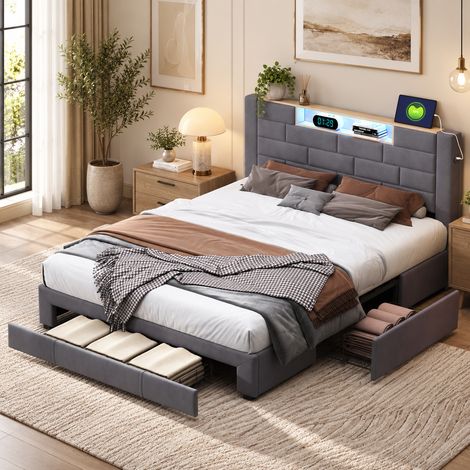 Lit coffre 140×200 cm, 3 tiroirs de rangement, lit double capitonné, LED et port USB, cadre de lit 140×200, tête de lit avec rangement, sommier à lattes, lit moderne pour adultes, Velours, Gris (1/5)