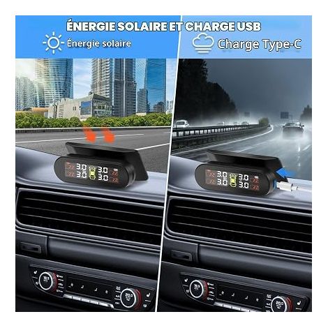 TPMS Système de Surveillance de la Pression des Pneus, Recharge Solaire/USB, 4 Modes D'alarme, Capteurs Externes, Berlines, SUV, Monospaces, Remorques (1/3)