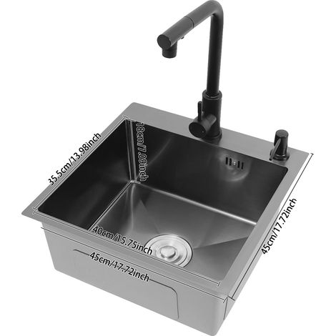 Évier de cuisine, robinet escamotable, réduction du bruit, noir (1/2)