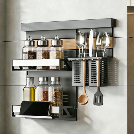 doporro Étagère Murale de Cuisine avec Rail Étagère à Épices 2 Niveaux Porte-Épices avec Support de Téléphone Porte-Ustensiles en Acier Galvanisé Organisateurs Cuisine Épices et Ustensiles