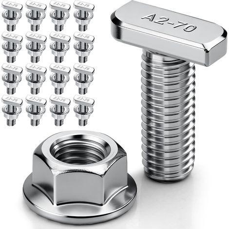 Lot de 16 vis à tête marteau M8 x 30 - En acier inoxydable A2-70 - Avec écrous à dents de blocage - Écrous à bride M8 - Pour rails de montage solaires PV, serre et profil en aluminium (1/5)