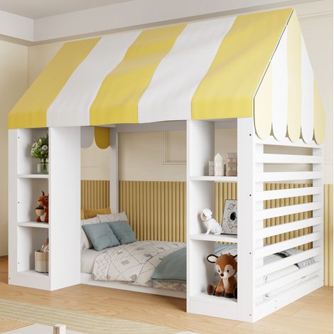 MEUBLIV Cama alta infantil 90x200 cm blanca con dosel y almacenaje, sin colchón (1/5)