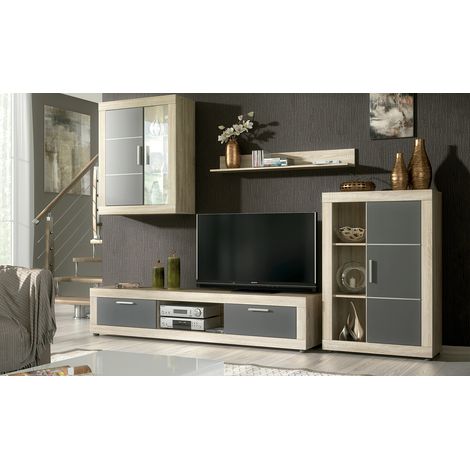 Ensemble de salon meuble TV + 1 étagère murale + vitrine murale avec LED + Buffet coloris chêne cambrian, graphite -PEGANE- (1/5)