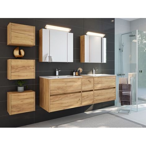 Badmöbelset Taifun 170cm 4tlg mit 2x Spiegelschrank und 3er Boxen Set eiche gold
