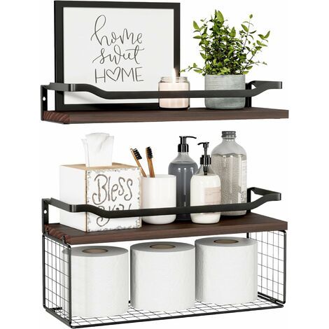 Lot de 2 étagères flottantes, étagères en bois pour salle de bain au-dessus des toilettes avec panier – Étagère flottante rustique pour décoration murale– Brun (1/5)