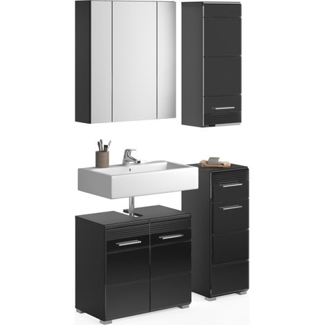 Set di mobili per il bagno: mobile sotto lavabo + 2 mezze colonne + mobiletto con specchi - Nero lucido - KL