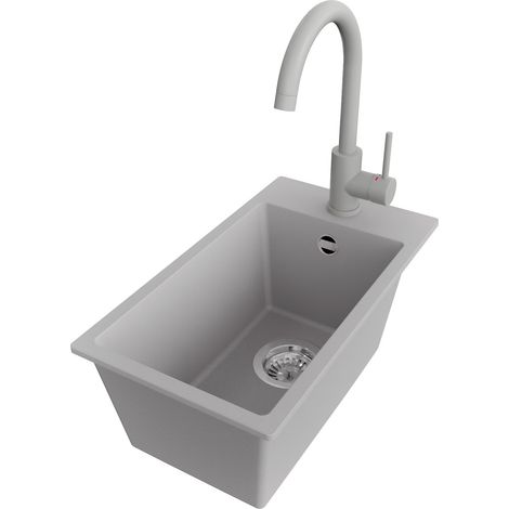PRIMAGRAN Evier Cuisine en Granit 28x50cm,Lavabo 1 bac + Robinet 32x20cm + Kit de Vidage, Évier à Encastrer au meuble 30cm - Riga, Gris (1/5)