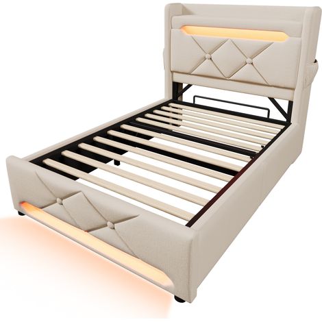 Lit rembourré simple 90200, tête de lit de rangement avec ports USB et Type-C, éclairage LED périphérique 360° autour de la tête et du pied, lit avec rangement hydraulique, beige, lin (sans matelas) (1/5)