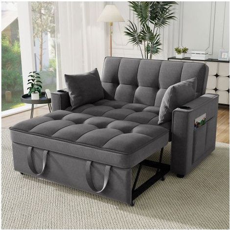 Banquette-lit - SOGEU - 163x137x83 cm - Velours gris - Dossier réglable 3 positions - Porte-gobelets, 2 coussins (1/5)