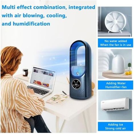 VURAHOME - Ventilateur sans pales à 6 vitesses, refroidisseur de bureau sans ventilateur, ventilateur silencieux portable, humidificateur, climatiseur, ventilateur de refroidissement (couleur : bleu) (1/4)
