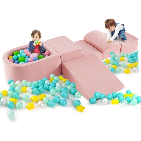 Jeu de motricité 5 pièces rose en mousse avec toboggan, marche et formes variées, et piscine à balles pour maison, crèche et école (1/5)