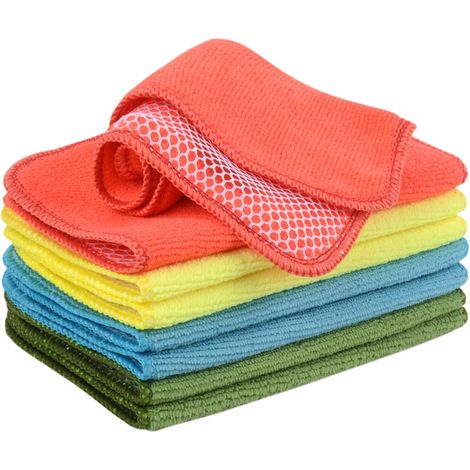 Lot de 8 torchons en Microfibre lavables avec côté en Maille Polyester - pour la Cuisine, la Maison - 20 cm x 20 cm (Vert + Bleu lac + Jaune + Rouge) (1/5)