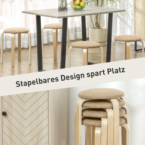Set aus 4 stapelbaren, gepolsterten Hockern mit lackierter Oberfläche und Holzbeinen, Farbe Khaki. (1/5)