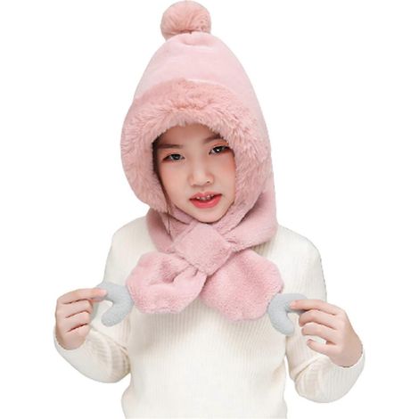 Wintermütze für Kinder, gestrickt, winddicht, warm, mit Kapuze, Schal-Skin Pink