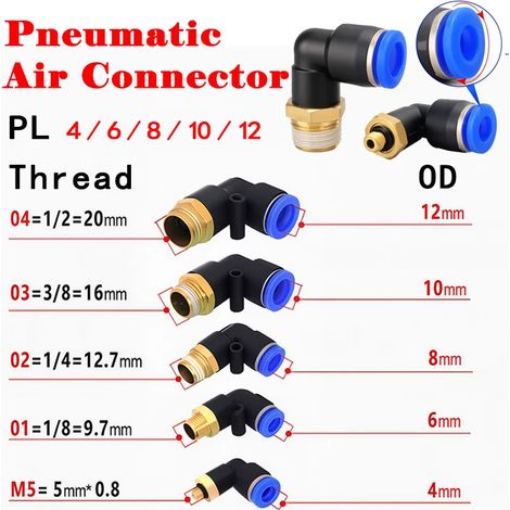 (PL4-M5 - Lot de 20) Raccord coudé mâle à 2 voies, filetage pneumatique, pour tuyau d'air, universel (1/5)
