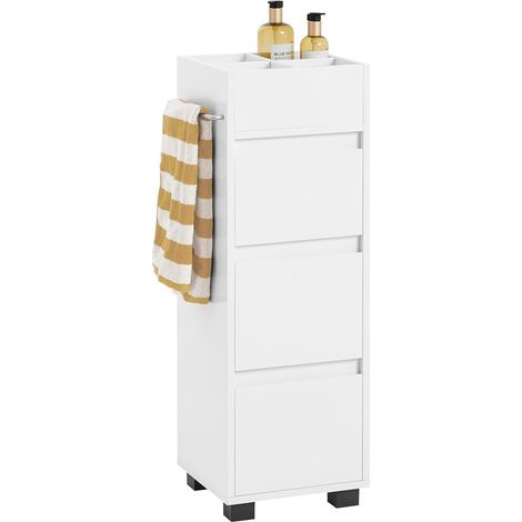 Sobuy – Meuble colonne 30x30x90 cm – 3 tiroirs + 4 niches + porte-serviettes réglable – MDF laqué blanc mat, résistant à l'humidité