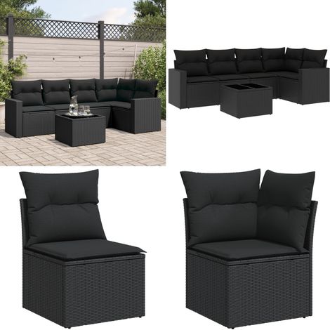 Set de sofás de jardín 6 piezas y cojines ratán sintético negro - Cojines para sofás - Ratán sintético