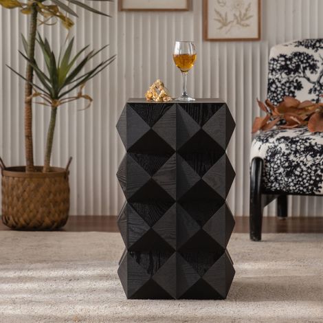 Tavolino laterale retrò con motivo tridimensionale in rilievo, altezza 60 cm, comodino retrò in legno nero, nessun montaggio richiesto.