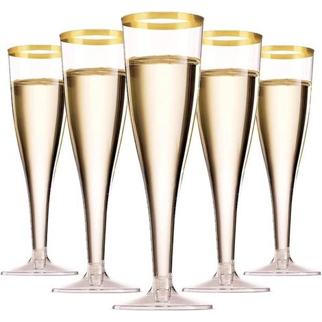 Lot de 50 verres à champagne à bord doré de 150 ml, verres à champagne réutilisables avec pied pour les mariages en plein air et les fêtes en journée (5 x 17 cm) (1/5)