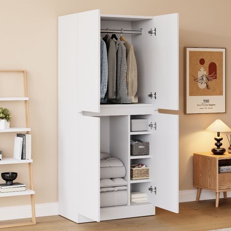 Kleiderschrank Weiß mit Doppeltür und Staufach, 70x40x170 cm, Schlafzimmerschrank aus Holz mit Kleiderstange und Fächern, Minimalistisches Design (1/5)