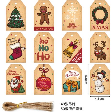 Cartons d'étiquette de Noël kraft 48 pièces + ficelle de chanvre nature 50 m (1/2)