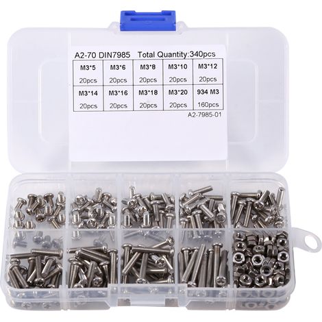 Kit d'assortiment de 340 vis et écrous M3 en acier inoxydable à tête bombée