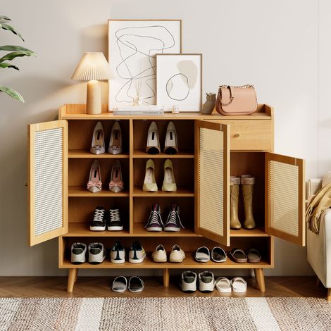 Scarpiera in rattan 120 cm con 3 ante, 1 cassetto e 5 ripiani, mobile ingresso in legno per 12 paia di scarpe, colore legno