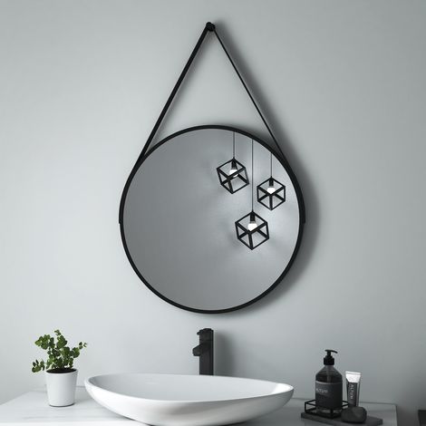 Heilmetz Espejos de Baño Redondo Espejo de pared ф60cm con correa negra ajustable Espejo Retro (1/5)