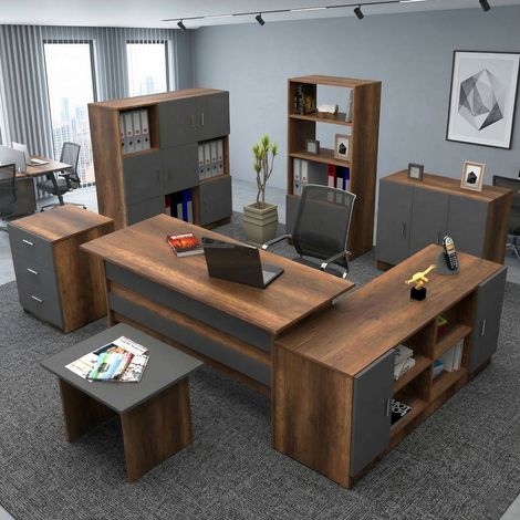 Set de Oficina Capralba, 18 Estantes, Modular, Esquinero, Marrón Nogal (1/5)