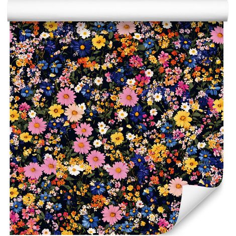 Papier peint Fleurs sauvages bleu marine et marron pour salon et chambre 50x1000 cm (1/5)