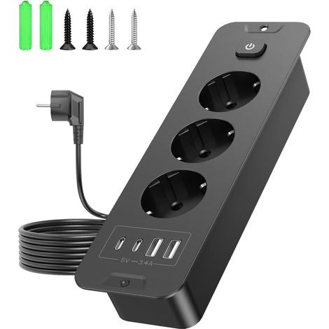 Prise encastrée avec USB, Prise de Table escamotable, avec 3 Compartiments, 4 Ports USB (2 USB C PD 20 W), multiprise encastrable pour Bureau, Armoire, Maison et Bureau (Noir) (1/5)