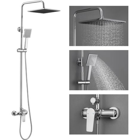 AURALUM MAX Duschsäulen mit Einhebelmischer, chrome Duschsystem mit Kopf- und Handbrause, quadratisch, höhenverstellbar 93-130 cm für Badezimmer