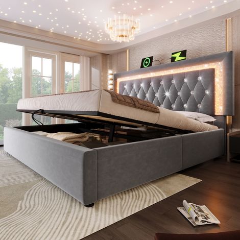 Letto Contenitore 160x200 cm con Rete Rialzabile in Tessuto Velluto Grigio (1/5)