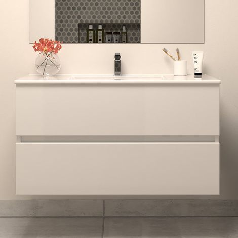 Meuble de salle de bain 90cm simple vasque - sans miroir - 2 tiroirs - blanc brillant - IDA