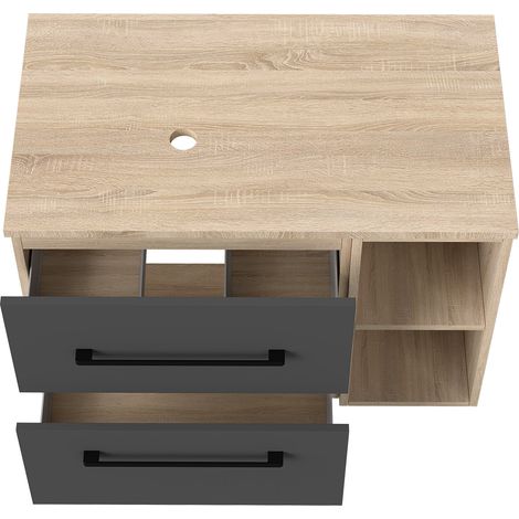 Biubiubath Ensemble meuble de Salle de Bain + Planche suspendu, 2 Tiroirs + Rangements Ouverts, 80x46x52cm, Chêne + Anthracite, Sans Compter Vasque