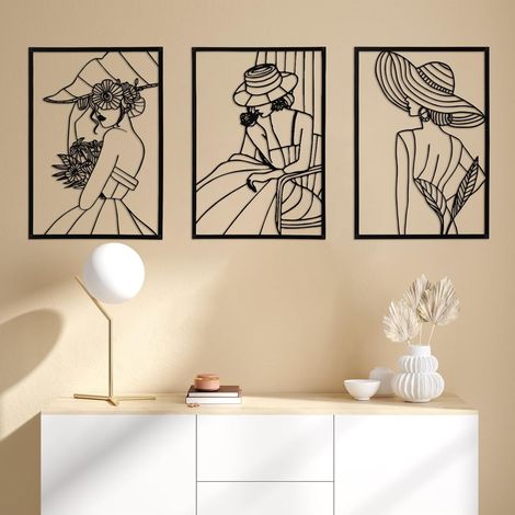 Lot de 3 decoration murale metal - Silhouette abstraite de femme avec effet 3D - Pour chambre à coucher et salon - En métal inoxydable - Montage facile (1/5)