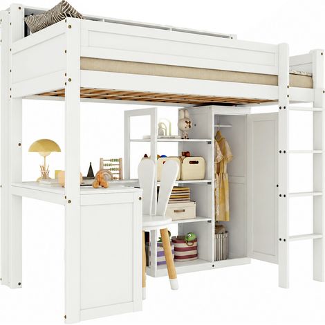 Lit mezzanine enfant 90x200 avec bureau, armoire, étagères et échelle 4 marches, garde-corps, rangement intégré en bois blanc pour chambre – CHICFURN (1/5)