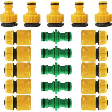 Paquete de 20 conectores para mangueras: 5 de conexión rápida de 1/2" x 10" o 3/4". Para jardín y hogar. (1/5)