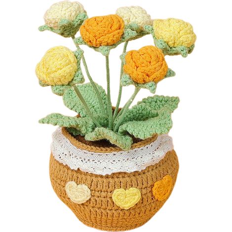 Lot de 6 plantes artificielles en laine, tulipes et roses orange dégradées crochetées à la main dans grand pot tricoté, décoration bureau (1/5)