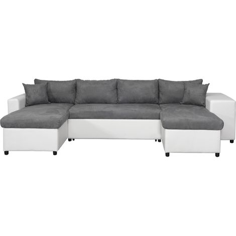 Loungitude – Canapé panoramique convertible 6 places avec coffres de rangement – Simili blanc et microfibre grise – Dimensions 311 x 146 x 81 cm (1/5)