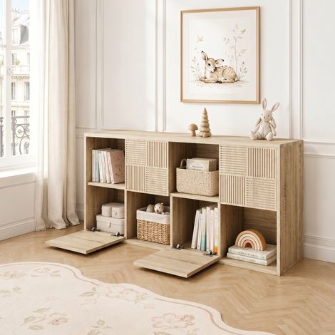 Étagère bibliothèque modulable 125x30x60 cm, meuble de rangement 8 casiers en bois avec 4 portes sculptées et pour salon chambre bureau, Naturel (1/5)
