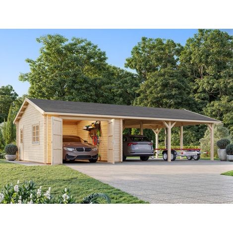 Garage en bois 19,0 + 33,2 m² – Porte sectionnelle – Madriers en épicéa massif 44 mm – Accès fluide pour plusieurs véhicules – Palmako