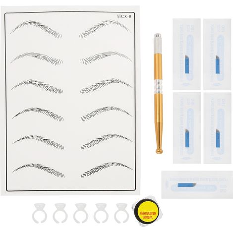 Kit de tatouage sourcils 4 : stylet manuel, peau d’entraînement, pigment, aiguilles, lames, anneau, gobelet (1/5)