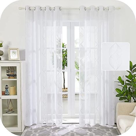 rideaux Voilage Blanc Effet Lin A Oeillet Avec Motif Broderie Blanc 140x240cm Rideau Chambre Garcon (1/5)