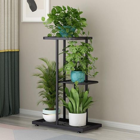 Support de plantes en métal à 3 étages pour intérieur et extérieur, étagère d'angle pour plantes avec 4 pots, étagère à fleurs pour plusieurs plantes, gris foncé avec argent (1/5)