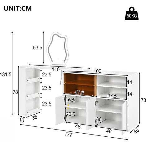 Tocador giratorio con iluminación LED, mesa de tocador, escritorio de oficina, amplio espacio de almacenamiento de varios niveles para dormitorio, blanco, 177×40×131,5 cm (1/5)