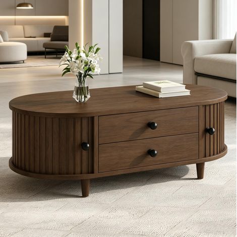 Tavolino da caffè 100x50x36 cm noce in MDF con gambe in legno massello, 2 cassetti e ante scorrevoli (1/5)